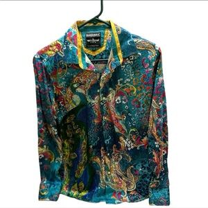 Barabas Men’s  Teal Paisley Casual Button Down with Rhinestones  Shirt S